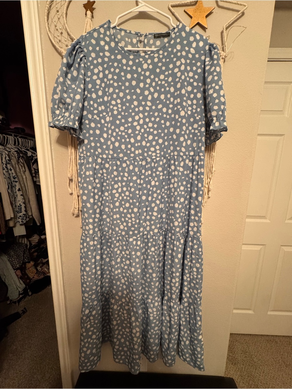 Light Blue Polka Dot Maxi Dress with Puff Sleeves